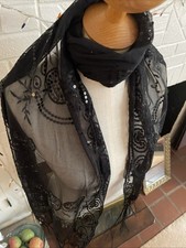 Black Sequin Shawl Wrap Sparkle Sheer Fringe Rectangle Scarf Evening Formal NWOT