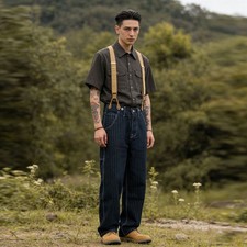 Vintage Men's Wabash Striped Jeans Straight Cargo Overalls Casual Denim Trousers