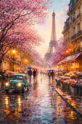 Paris Frühlingsregen Straße Blumenladen Poster Druck gerahmte Leinwand Wandbild