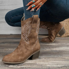 Women's Embroidery Cowgirl Cowboy Boots Ladies Mid Wide Western Shoes-UK