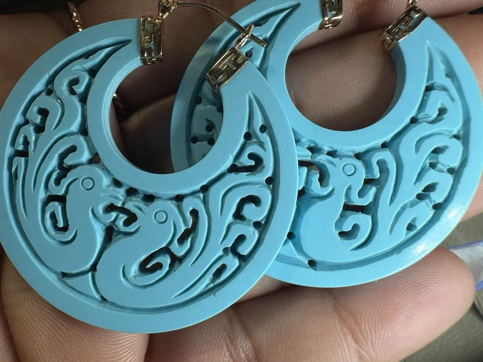 14k Yellow Gold Sleeping Beauty Turquoise Earrings Hoop Phoenix Bird 14G 43.7MM - Image 3 of 4