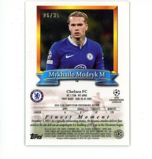 2022 Finest Flashbacks UEFA #15 Mykhailo Mudryk RC Refractor Prizm Green 06/35 - Image 2 of 2