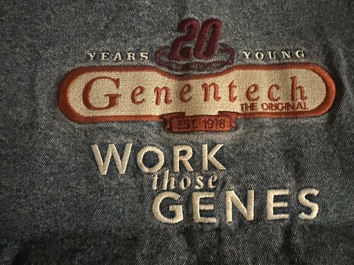 Genentech "WORK THOSE GENES" Jean Jacket RARE! Men XL Blue w/GREAT Embroidery! - Picture 2 of 18