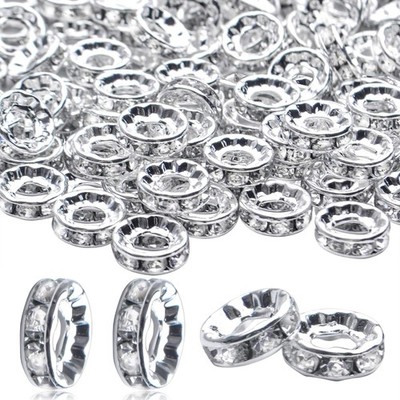 BronaGrand Rhinestone Spacer Beads, 100Pcs Crystal Large Hole Large, Silver 