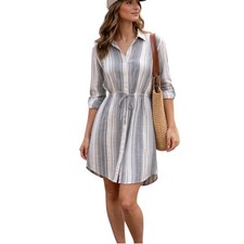 Japna Womens Blue White Striped Cotton Shirt Dress Roll Tab Sleeve Coastal M