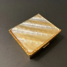 Vintage Florenza Gold-Tone Metal Pill Box Trinket Faux Shell Lid READ