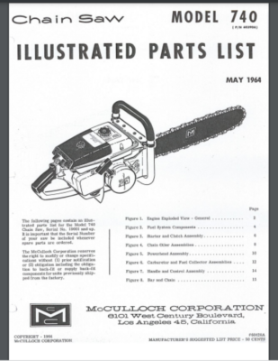 Mcculloch Chainsaw Model 740 IPL 60428A May 1964 16 pages Comb 