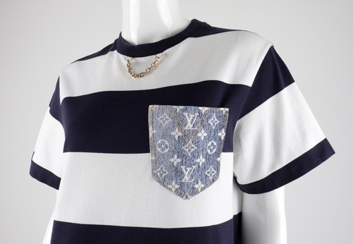 LOUIS VUITTON Size M 160/80A Striped Monogram Pocket White Navy T-Shirt Dress - Picture 14 of 22