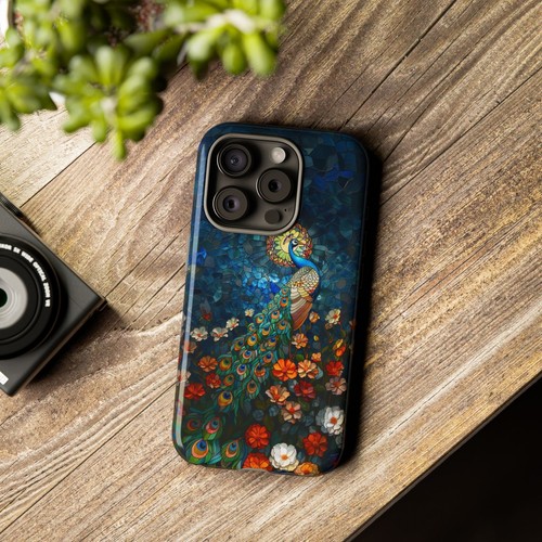 For iPhone, Galaxy, Pixel Phone Case Cover - Blue Stained Glass Peacock Flower - Picture 19 of 242