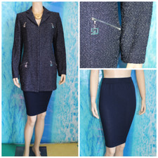 St. John Couture Navy Blue Jacket Skirt L 10 12 2pc Suit Silver Metallic Shimmer
