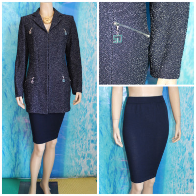 St. John Couture Navy Blue Jacket Skirt L 10 12 2pc Suit Silver Metallic Shimmer