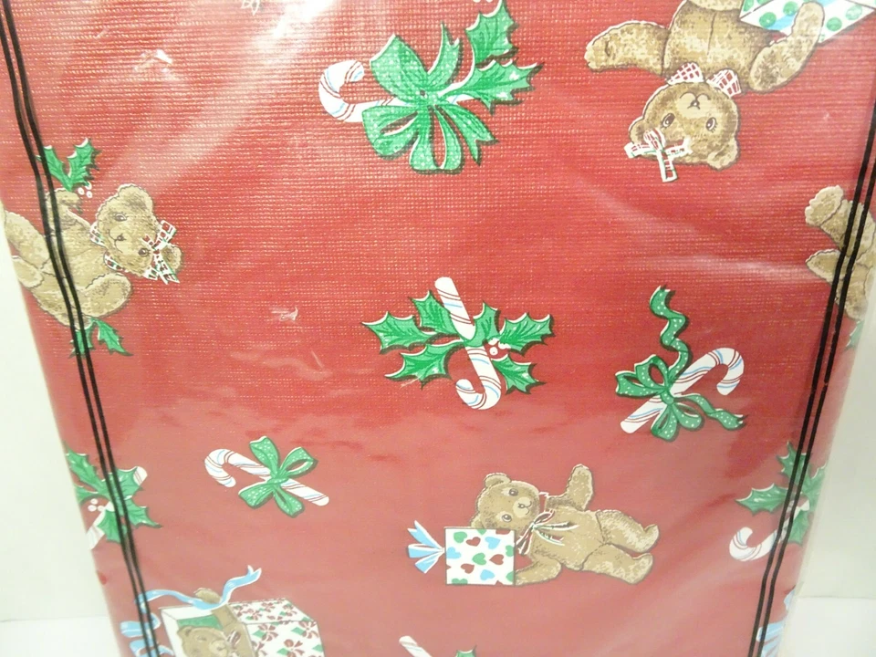 Holiday Vinyl Flannel Back Tablecloth Christmas 52x70 Vintage NEW Red Teddy Bear - Image 2 of 4