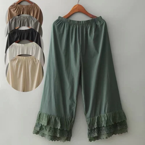 Pantalones para mujer de algodón de pierna ancha recta pantalones de encaje en capas informales japoneses - Imagen 19 de 25
