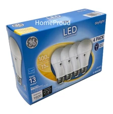 GE LED Daylight Light Bulbs 1600 Lumens A19 100 Watt Replacement 15 watt 4-Pack