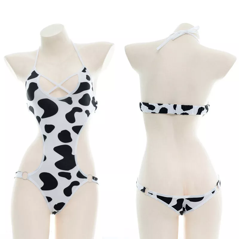 Women One-piece Cow Print Swimsuit Lingerie Backless Bikini Sleepwear  Underwear