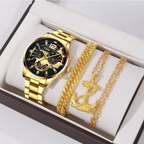 Men's 3-Piece Business Watch Set with Stainless Steel Quartz and Accessories