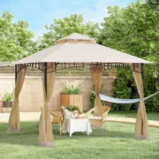 10' x 10' Metal Outdoor Gazebo Canopy w/Mesh Netting & Double-Tier Roof, Beige