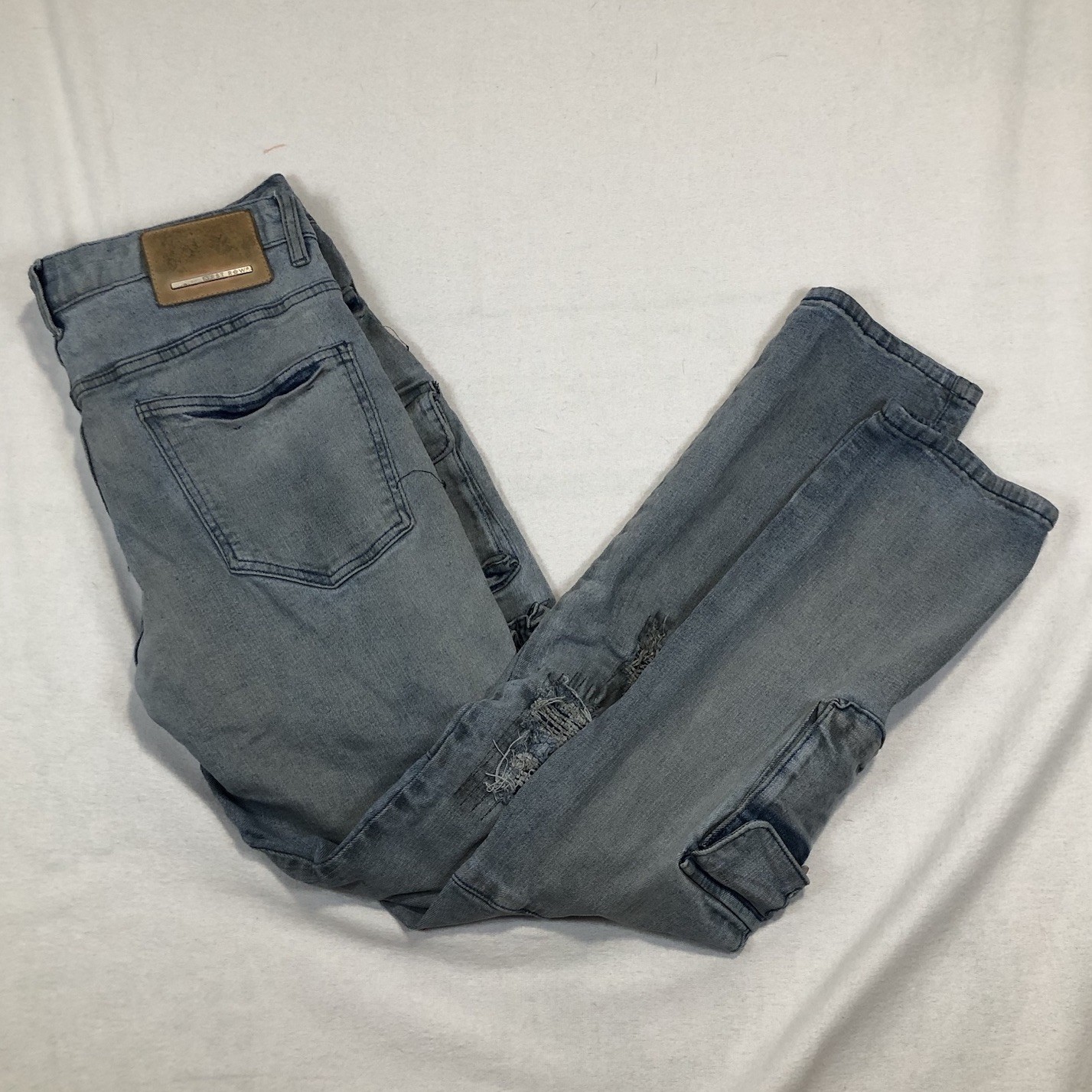 First Row Distressed Ripped Denim Patch Jeans Str… - image 1