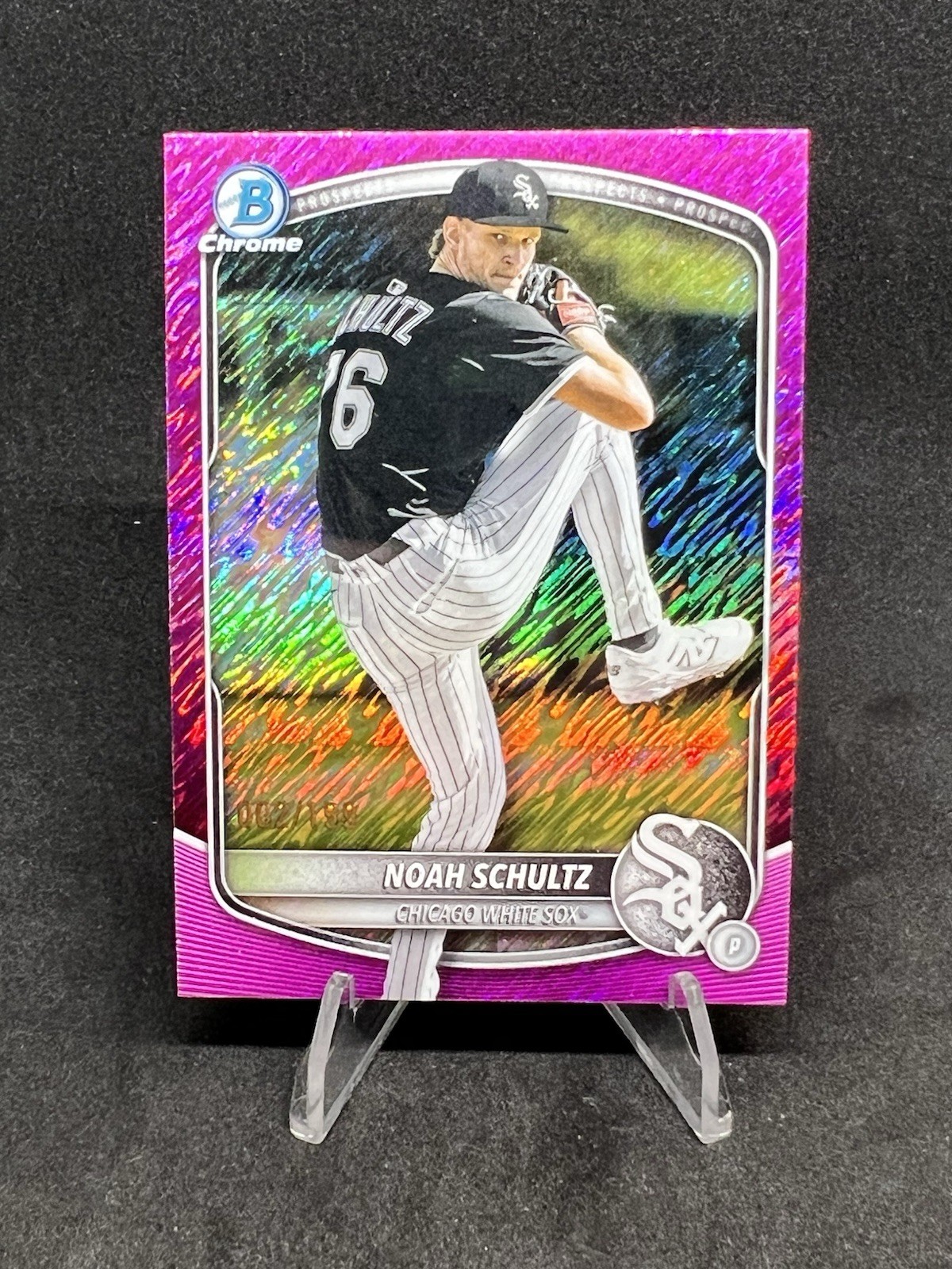 Noah Schultz 2025 Bowman Chrome #BCP-177 (RC) Fuchsia Shimmer Refractor /199