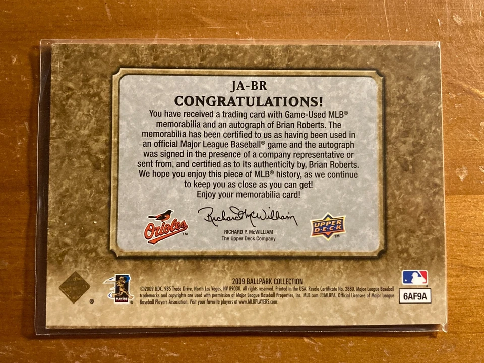 2009 Upper Deck Ballpark Collection Brian Roberts Relic Swatch Autograph #JA-BR - Image 2 of 2