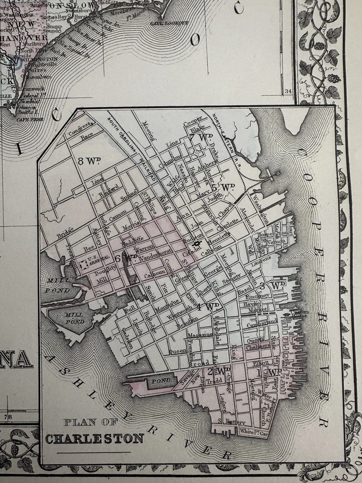 План города Северная и Южная Каролина Чарльстон 1880 Митчелл раскрашенная вручную красивая карта - Изображение 3 из 4