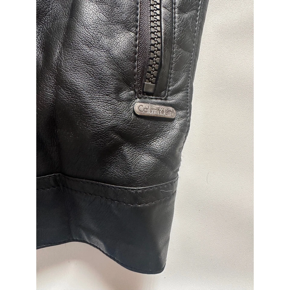 Calvin Klein Men's Faux Leather Moto Jacket Hooded Full Zip Black Size Small - Image 4 of 4