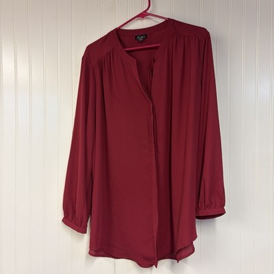 Simply Emma Plus 2X BurgundyTunic Button Down RollTab Office Siren