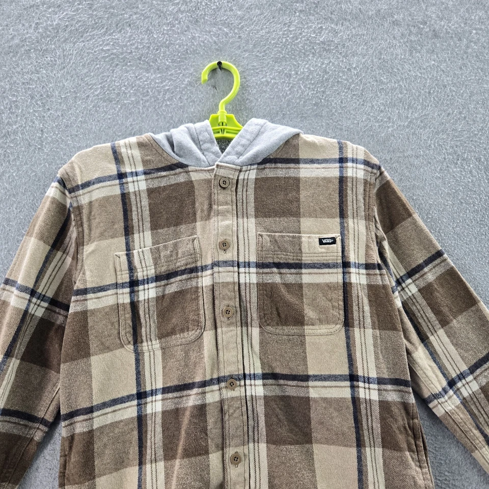 Camisa con botones Vans para niños XL marrón franela a cuadros logotipo grunge manga larga con capucha Foto 4 de 4