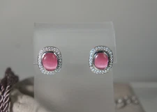 David Yurman 925 Sil Cushion PINK Tourmaline Diamond Noblesse 585 Stud Earrings