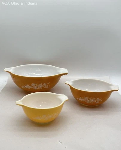 Vintage Pyrex Butterfly Gold Cinderella Bowl Set 3pc 444 442 441