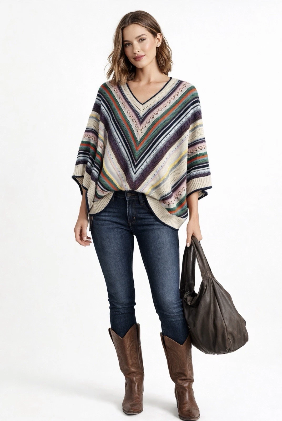 Womens Open Knit Asymmetrical Multicolor Poncho Top Festival Boho Size Small