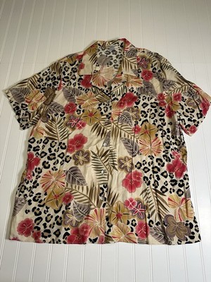 Notations Woman Bright Tropical Floral Print Short Sleeve Button Up Top 1X