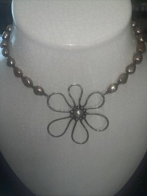 Artist Avi Soffer Necklace 16'' Sterling Pink Pearl Flower Statement Collar