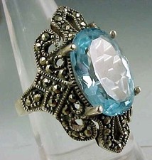 ESTATE STERLING SILVER MARCASITE BLUE STONE LADIES RING SIZE 5