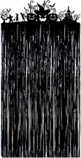 Halloween Decorations Black Veylin Door Curtains Shiny Tinsel Backdrop 3.3'x6.6'