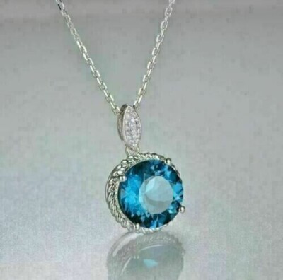 2Ct Round Cut Simulated London Blue Topaz Women's Pendant 14K White Gold Plated