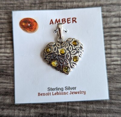 BLJ .925 Sterling Silver Heart Pendant with 6 Amber Stones