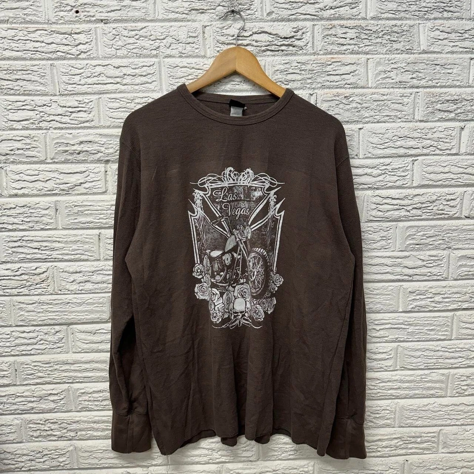 Vintage Skulls Roses Biker Thermal Long Sleeve Shirt XL  y2k - Image 2 of 4