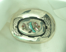 Sterling Silver Native American Coral Turquoise Belt Buckle Large Quam Bird Zuni