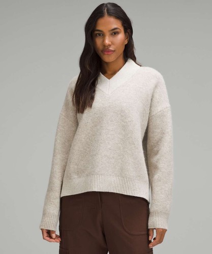Lululemon Alpaca Wool-Blend V-Neck Sweater Heathered White Opal Jumper - Medium