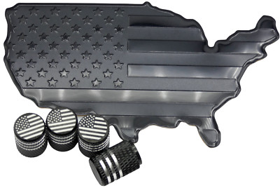 3.90'' x 2.25'' Metal America Map Flag Sticker Decal Emblem with tire Valve Caps