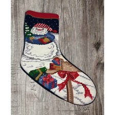 Needlepoint Christmas stocking. Snowman with presents
