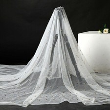 1 Yard White Mesh Fabric Gold Beads Sheer Tulle For Wedding Dress Veil Chic Long