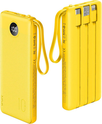 VRURC 10000mAh Powerbank mit integrierten Kabeln, USB C Akkupack gelb 