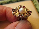 estate 14K Pearl / 1940's Garnet Ring w/ Florentine Finish — photo 4