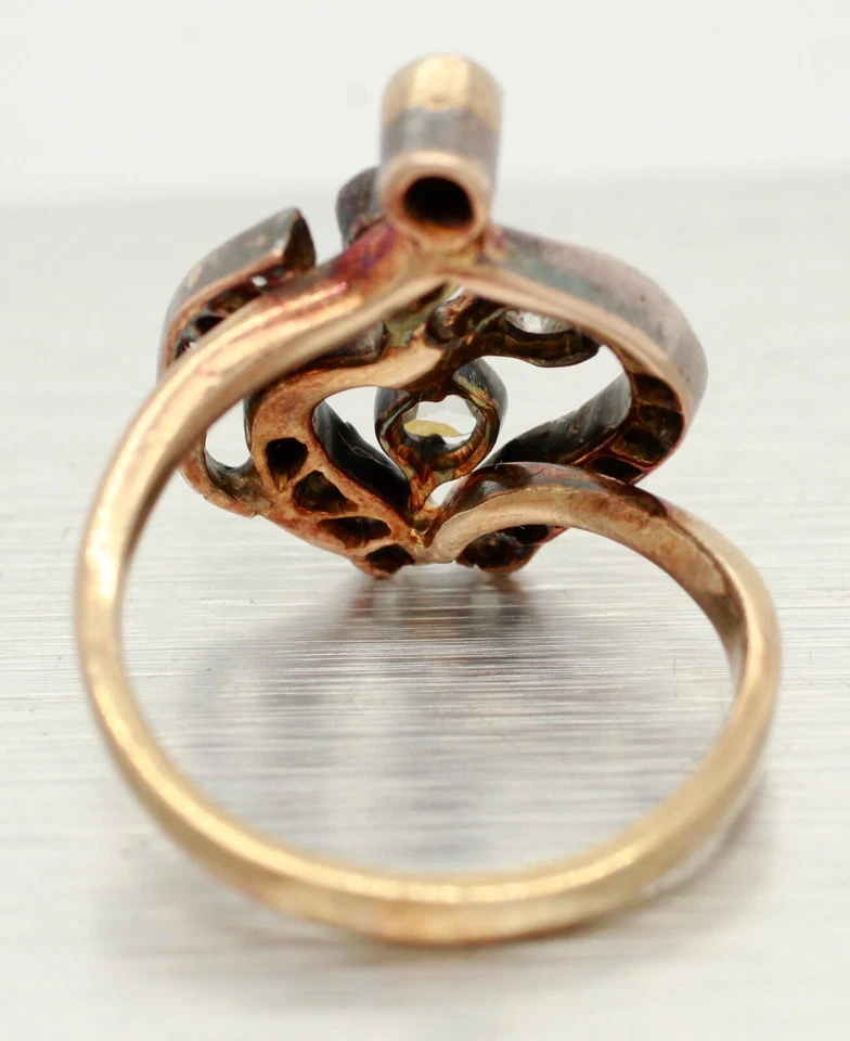 维多利亚式 0.75 克拉玫瑰切割钻石鸡尾酒戒指 - 14k 黄金和白金 — 第 4/4 张图片