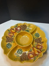 Vtg California Pottery Chip and Dip Set USA Grapes Pears Apples w/ Lazy Susan