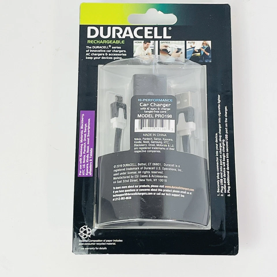 Cargador de coche Duracell - Cable de sincronización y carga de 6 pies - Puertos USB dobles de 3,1 amperios - NUEVO Foto 2 de 2