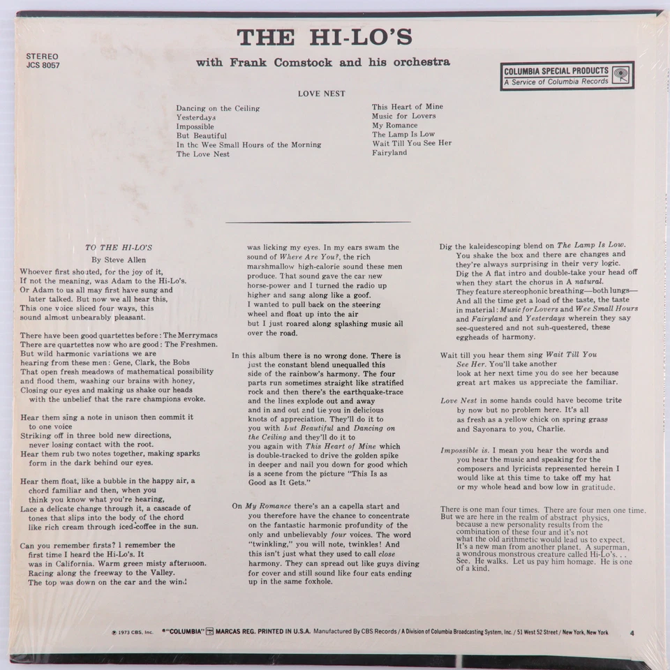 The Hi-Lo's With Frank Comstock And His Orchestra – Love Nest - 12" LP JCS 8057 - Imagem 2 de 4
