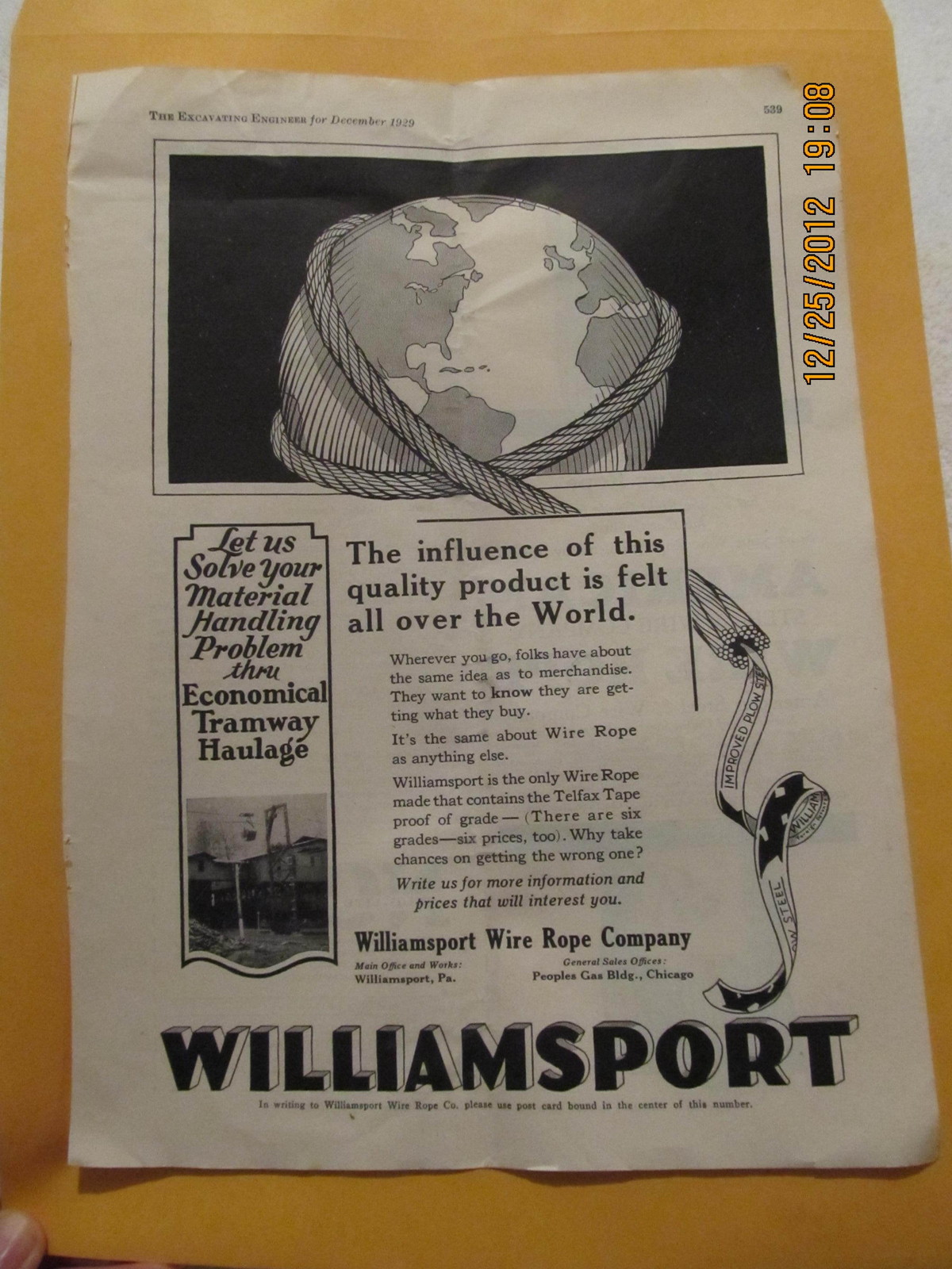 Vintage Ad Williamsport PA Wire Rope Company 1929 Excavating Engineer